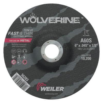 Weiler® Wolverine™ Thin Cutting Wheels, Tool Shape:Type 27, Grit:60, Arbor Diam [Nom]:7/8 in, Speed [Max]:10,200 rpm