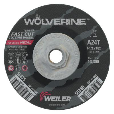 Weiler® Wolverine™ Thin Cutting Wheels, Tool Shape:Type 27, Grit:24, Arbor Diam [Nom]:5/8 in, Speed [Max]:13,300 rpm