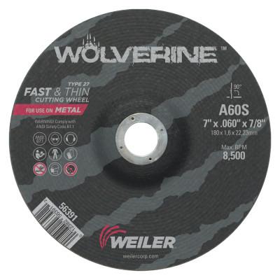 Weiler® Wolverine™ Thin Cutting Wheels, Tool Shape:Type 27, Grit:60, Arbor Diam [Nom]:7/8 in, Speed [Max]:8,500 rpm