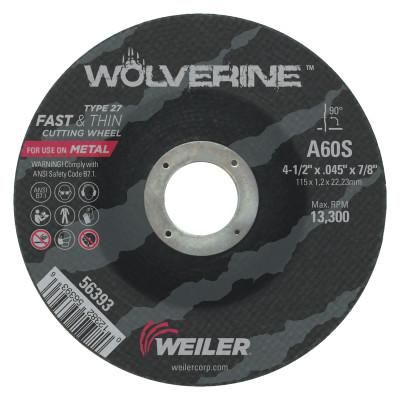 Weiler® Wolverine™ Thin Cutting Wheels, Tool Shape:Type 27, Grit:60, Arbor Diam [Nom]:7/8 in, Speed [Max]:13,300 rpm